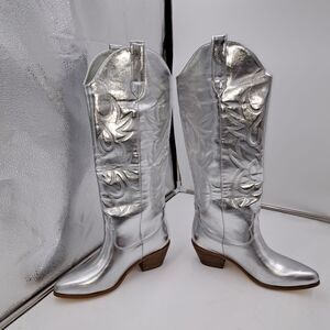 Oeupiano Knee High Cowboy Rodeo Party Silver Boots Size 9
